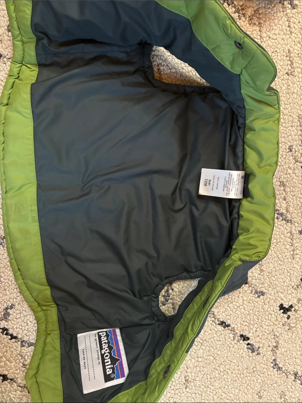 Patagonia Kids Green and Black Puffer Vest with Fuzzy Bear Beanie 12/18m